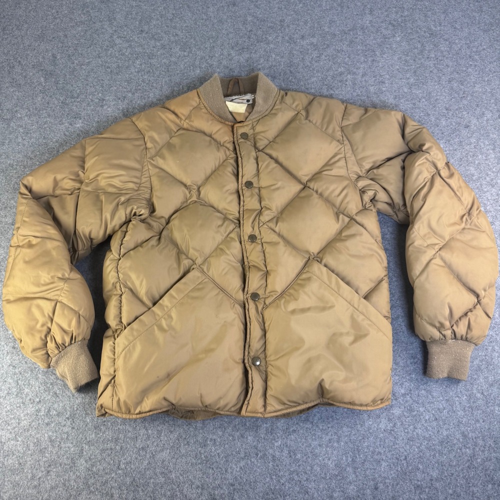 Vintage 70s Cabelas Diamond Quilted Down Puffer Jacket Tan Mens Medium Sidney NE